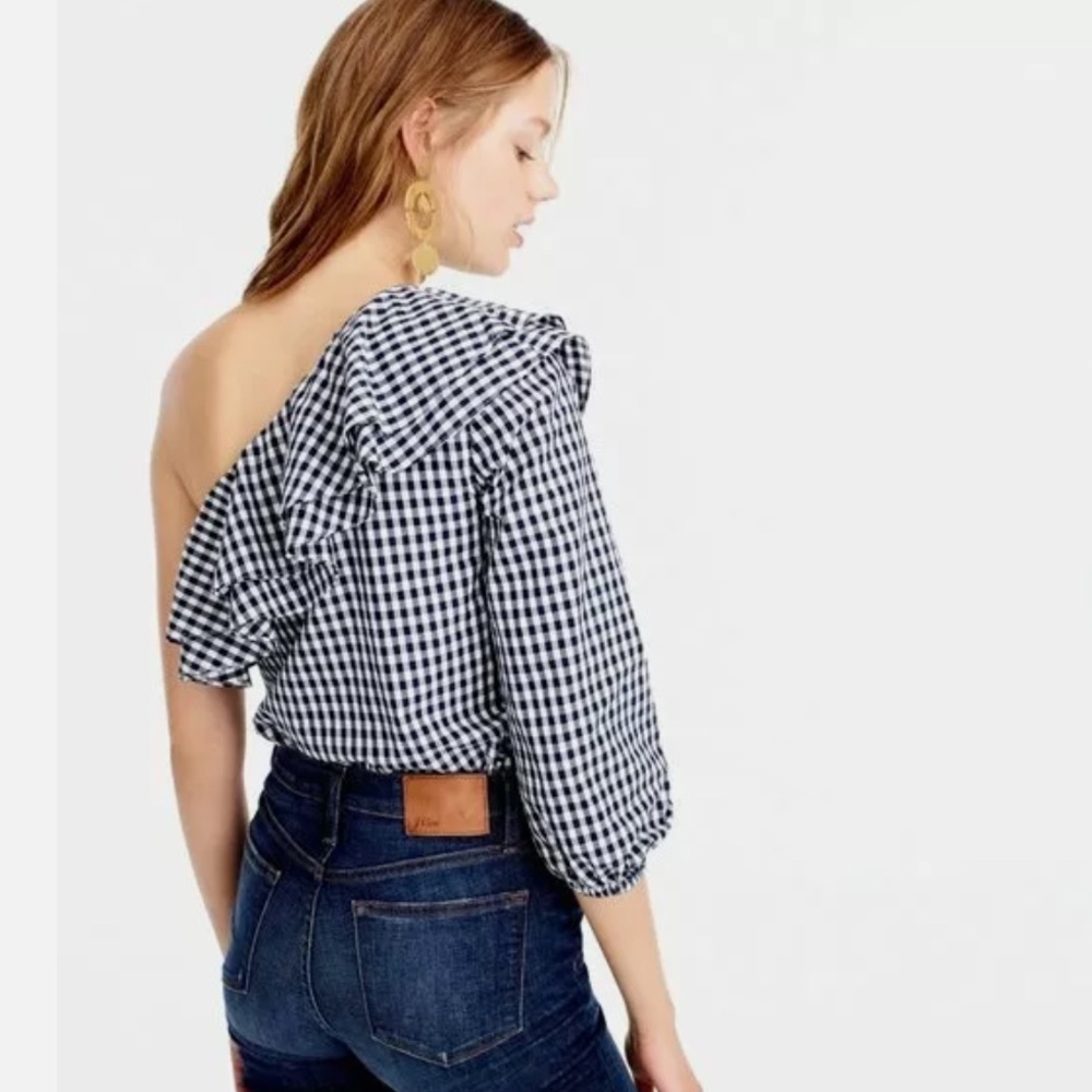 J Crew Gingham One-shoulder Ruffle Blouse